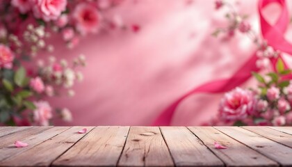 A wooden table featuring pink flowers and a ribbon, set against an International Women's Day backdrop