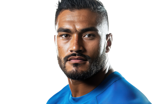 Portrait of a determined athlete showcasing strength and focus in a blue sports jersey with a neutral background