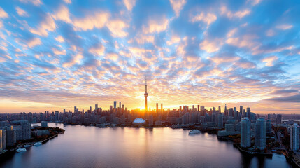 Fototapeta premium skyline city at dusk with silhouette of famous landmark and vibrant clouds