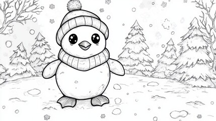 Charming penguin ready for winter fun in a snowy forest landscape with cheerful trees and falling snowflakes
