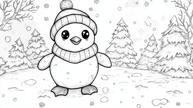 Charming penguin ready for winter fun in a snowy forest landscape with cheerful trees and falling snowflakes