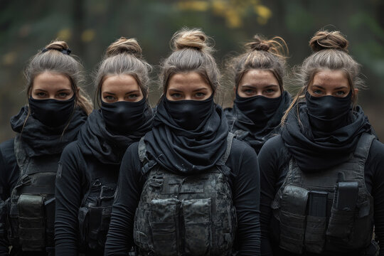 Women in black face masks shopping for fresh produce in a bustling outdoor market.