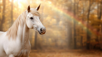 Obraz premium majestic white horse stands gracefully in serene autumn landscape with rainbow