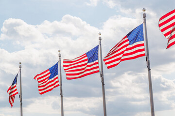 Rows of American flags waving against a cloudy sky