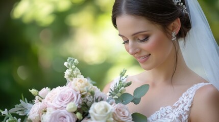 Obraz premium Elegant Bride Holding Beautiful Bouquet in Soft Natural Light