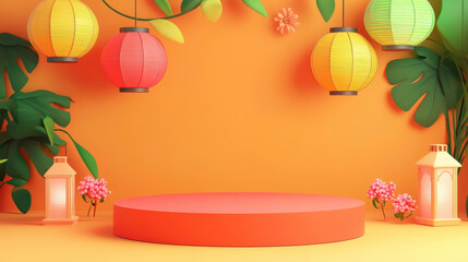 Vibrant Asian-Themed Background with Colorful Lanterns, Floral Accents, and Orange Wall for Celebratory Events or Festive Decor