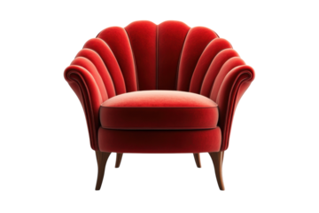 Elegant modern red velvet chair with unique shell design suitable for stylish living spaces and interiors