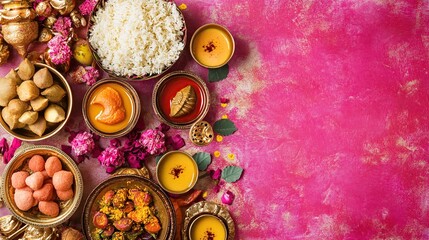Fototapeta premium Festive Indian food arrangement with rice, sweets, and savory dishes on a pink background.