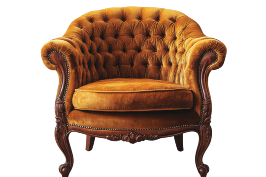 Elegant tufted armchair in rich amber fabric with ornate wooden legs and arms, showcasing classic vintage style