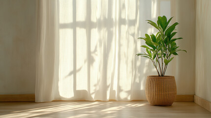 Bright sunlit room with sheer curtains and potted plant casting shadows