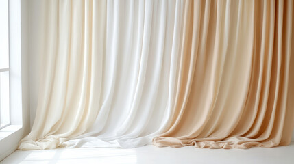 Soft pastel curtains fluttering in natural light create serene atmosphere