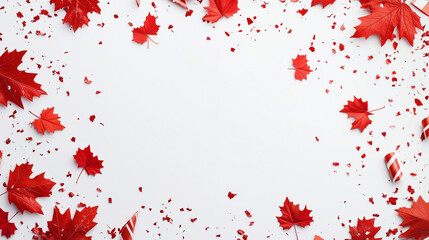 July 1st Canada Day festivities concept. Top view flat lay of red maple leaves, party confetti on white background with blank space