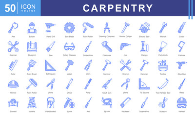 Carpentry icon collection set. Containing tools, work equipment, hammer, saw, nails, and wooden planks. Perfect for DIY projects, woodworking, or furniture businesses.