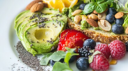 A nutritious plant-based breakfast plate, featuring avocado toast, fresh fruits