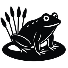 A green frog sitting on a lily pad in a pond with cattails in the background, vector illustration.