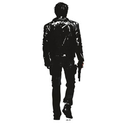 A stylized image of a man in a black leather jacket and pants from behind walking away with guns holstered.