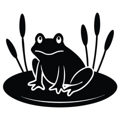 A green frog sitting on a lily pad in a pond with cattails in the background, vector illustration.