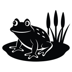 A green frog sitting on a lily pad in a pond with cattails in the background, vector illustration.