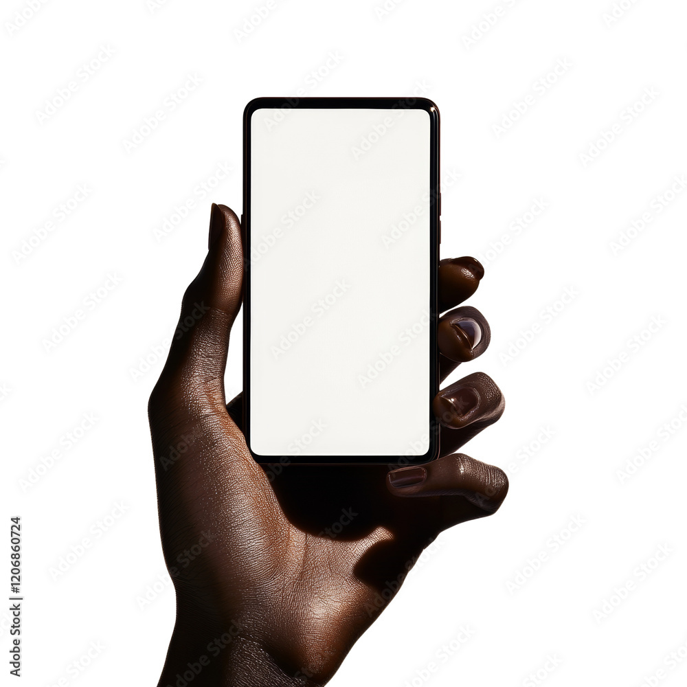 Poster a dark-skinned hand holds a smartphone with a blank white screen against a white background providin