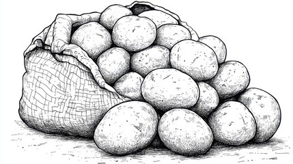 Creative coloring page featuring a sack filled with fresh and organic potatoes on a textured surface