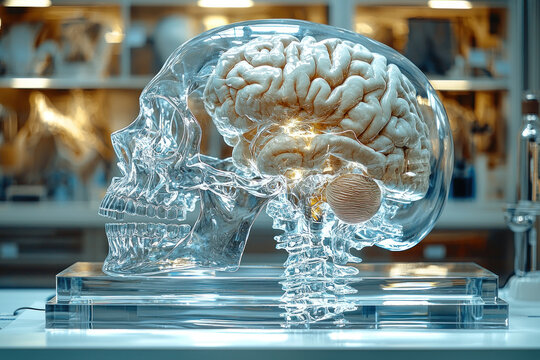 Human skull with glowing brain exposed.