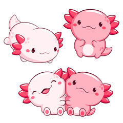 Set of axolotl in kawaii style. Lovely axolotl baby in different poses. Cute axolotl expression sheet collection. Can be used for t-shirt print, sticker, greeting card. Vector illustration EPS8