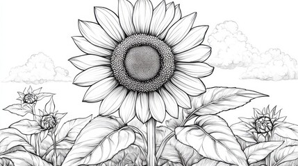 Explore the beauty of sunflowers with this captivating coloring page featuring vibrant petals and lush green leaves in a serene atmosphere