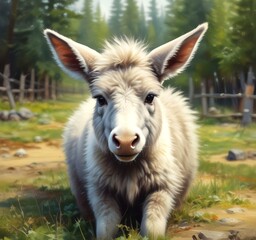 Fototapeta premium Illustration of cute animal, fluffy donkey.