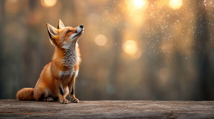 Obraz premium fox gazes upward, surrounded by magical forest atmosphere with sparkling lights