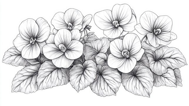 Floral delight with blooming violets surrounded by lush green leaves beckoning creativity for coloring enthusiasts