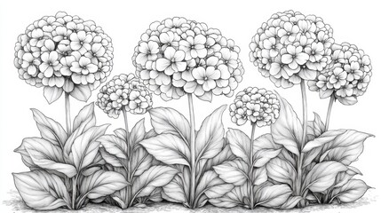 Delightful garden in full bloom with intricate flowers waiting to be colored