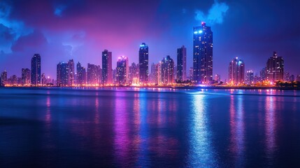 Fototapeta premium panoramic view of a city skyline at night, with the city lights sparkling across the horizon.