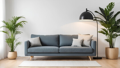 Obraz premium ai of living room grey sofa design and white wall and wooden floor
