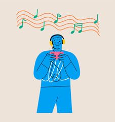 Man listens to music on his phone with headphones. Colorful vector illustration