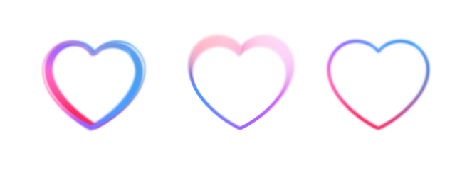 Glowing neon hearts frames in pink, blue, purple gradient, isolated clipart on transparent background for valentine's day or romantic designs