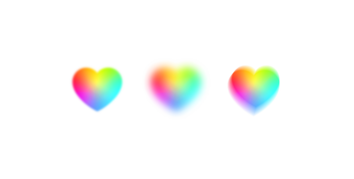 Rainbow gradient hearts glowing and blurry effect on transparent background, isolated png element for romantic, love and pride design