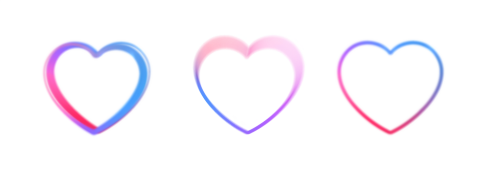 Glowing neon hearts frames in pink, blue, purple gradient, isolated clipart on transparent background for valentine's day or romantic designs