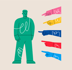 Sad or depressed man surrounded by hands with index fingers pointing at his. Condemnation and bullying concept. Colorful vector illustration