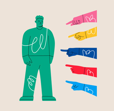 Sad or depressed man surrounded by hands with index fingers pointing at his. Condemnation and bullying concept. Colorful vector illustration