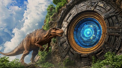 Time Portal with Dinosaur Encounter in a Surreal Landscape Adventure Setting