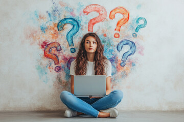 Woman sitting cross-legged on the floor, working on a laptop surrounded by floating question marks.
