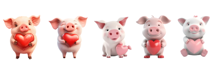 Group of Cute Pigs Holding a Heart on White Background