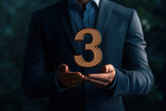 Man in suit holding wooden number 3, against white background.