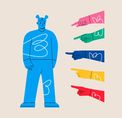 Sad or depressed woman surrounded by hands with index fingers pointing at her. Condemnation and bullying concept. Colorful vector illustration