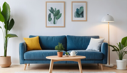 Fototapeta premium ai of living room blue sofa design and photos frame on wall and wooden floor and wooden table