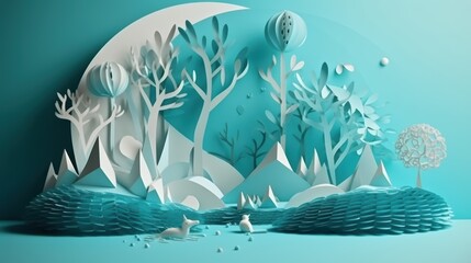 Paper Art Forest Scene with Blue Background