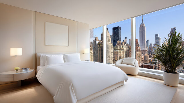 Luxurious hotel suite with king sized bed and stunning city view