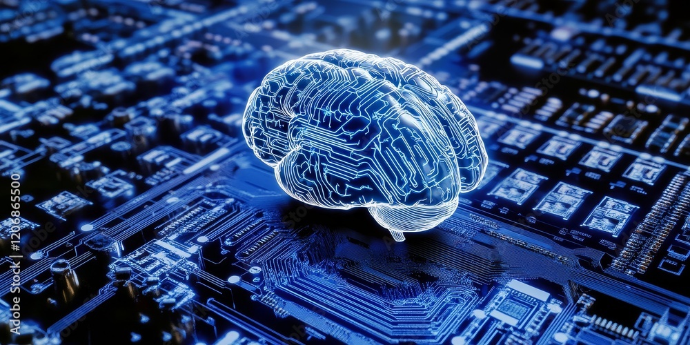 Poster ai brain on circuit board; digital intelligence concept.