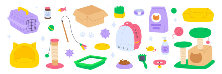 Cat accessories flat vector set. Cartoon pet store assortment collection. Doodle cat supplies bundle.