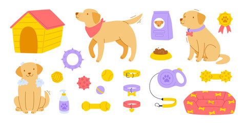 Cute dog with grooming accessories set. Cartoon labrador with supplies collection. Dogs goods bundle.